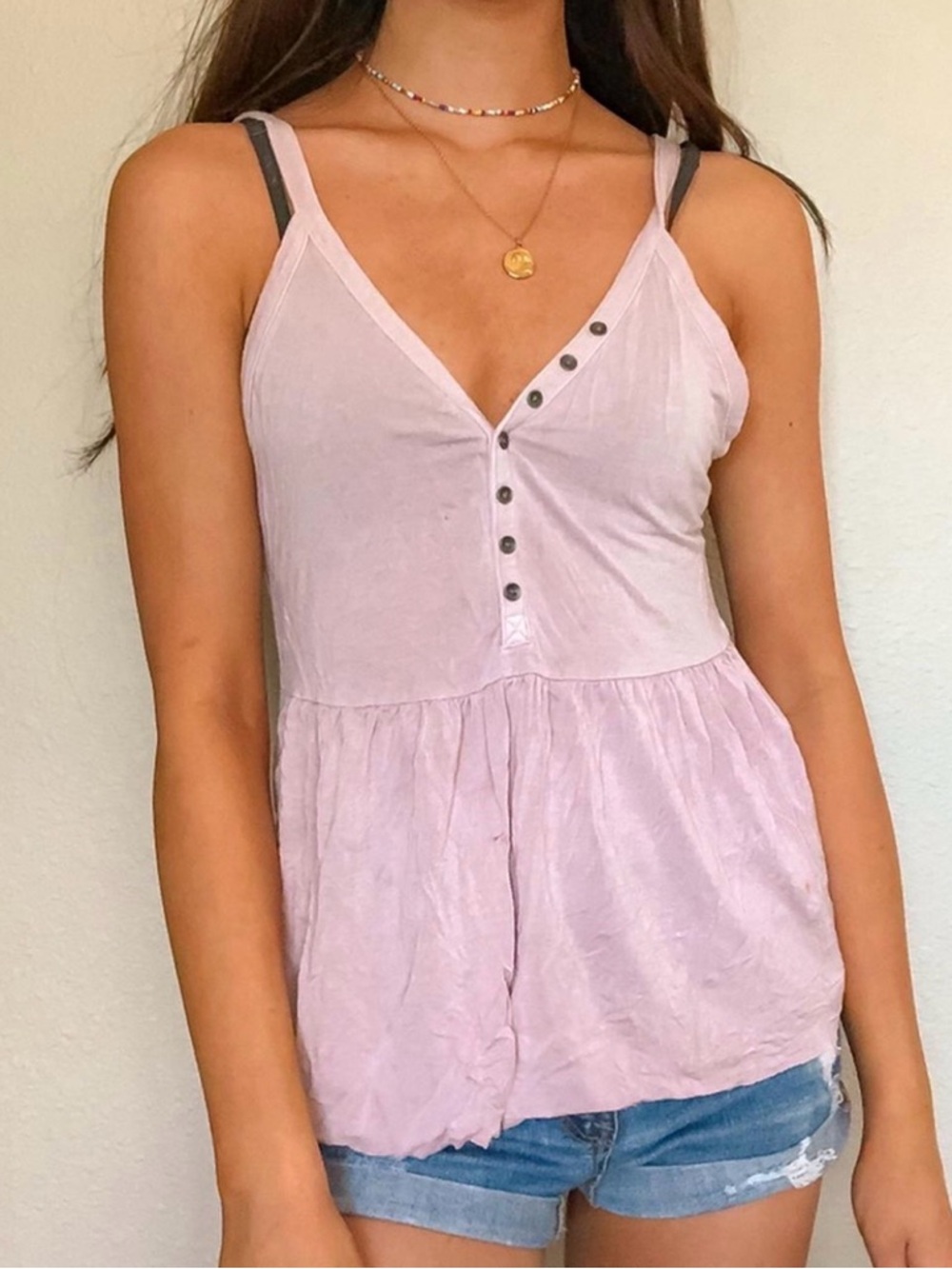 American Eagle Outfitters Light Pink Button-Front Peplum Cami